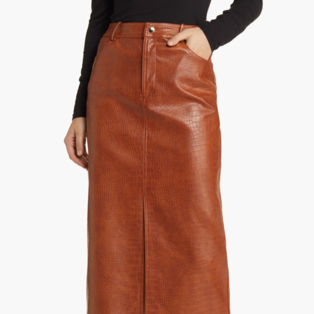 NWOT Roberta Croc Embossed Faux Leather Midi Skirt